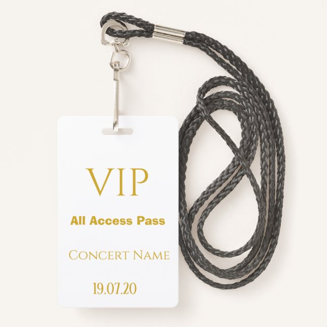 Simple White Gold VIP All Access Pass Concert ID Badge (Front with Lanyard)