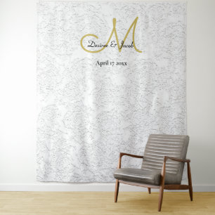 Simple White Gold Wedding Monogram Photo Booth Tapestry