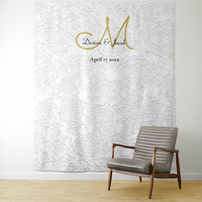 Simple White Gold Wedding Monogram Photo Booth Tapestry (In Situ)