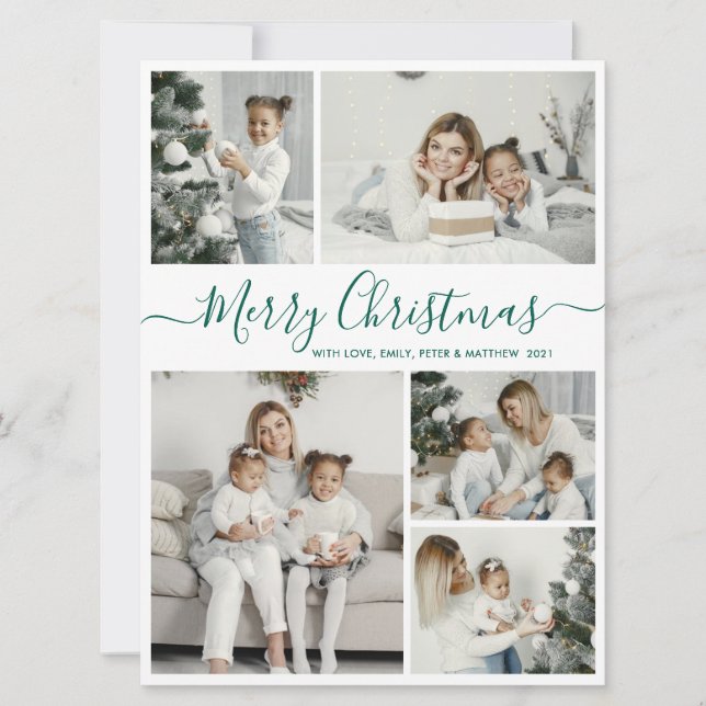 Simple White Green 5 Photo Collage Christmas Holiday Card (Front)