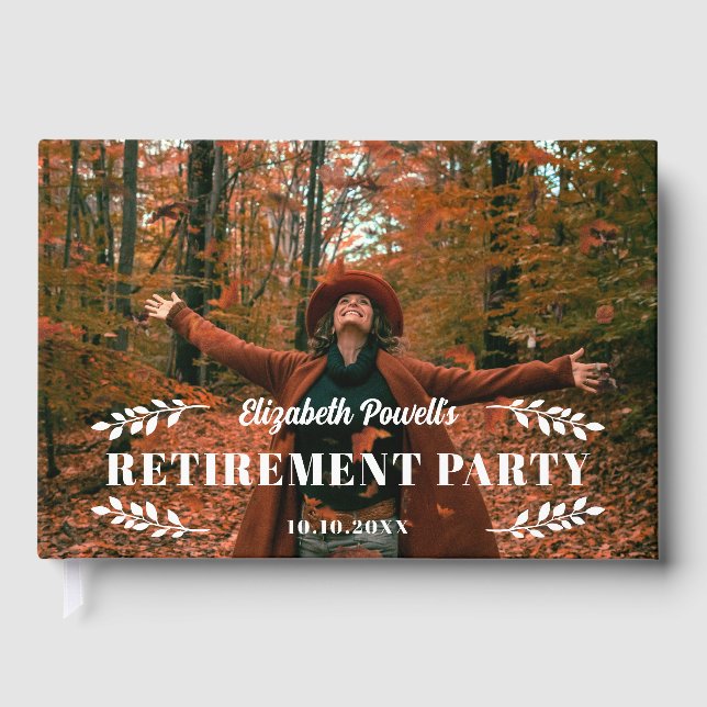 Simple White Greenery Photo Retirement Party Guest Book (Front)