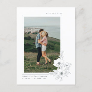 Simple White Grey Anemone Art Floral Save the Date Announcement Postcard