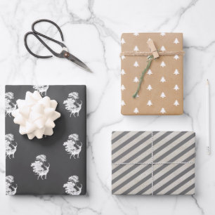 Simple White Grey Kraft Paper Deer Trees Stripes