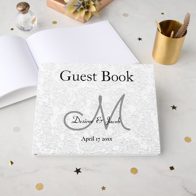 Simple White Grey Wedding Reception Monogram Guest Book (Front Open)