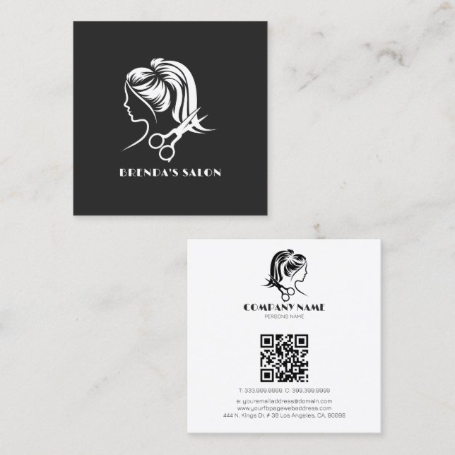 Simple White Hair Salon Logo Dark Grey Background Square Business Card (Front/Back)