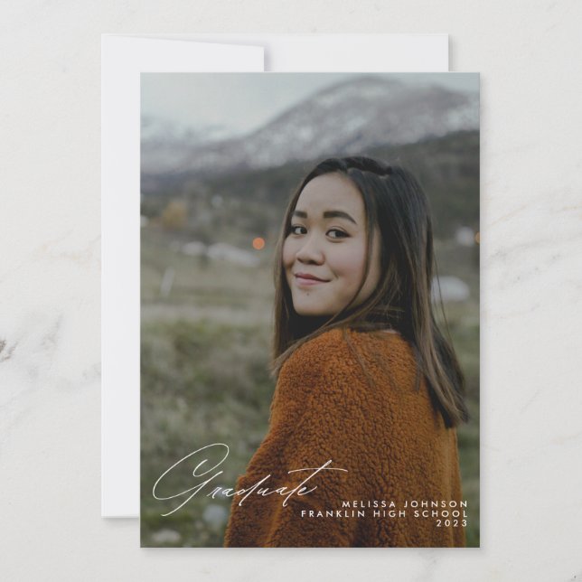 Simple White Handwriting Script Photo Graduation A Announcement (Front)