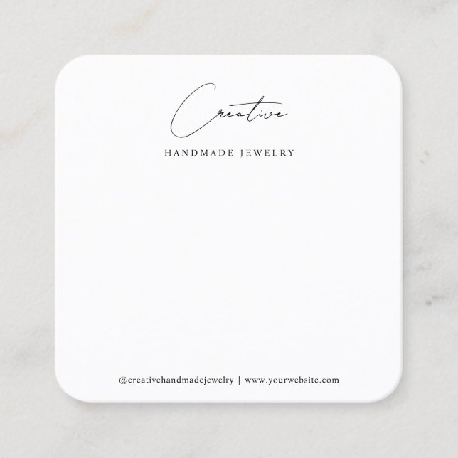 Simple White Handwritten Script Jewellery Display Square Business Card (Front)