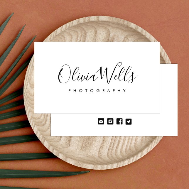 Simple White Handwritten Script Social Media Icons Business Card (Creator Uploaded)
