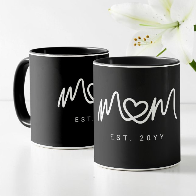 Simple White Heart  Script  Modern Mum Established Mug (Simple White Heart Script Modern Mom Established Mug)