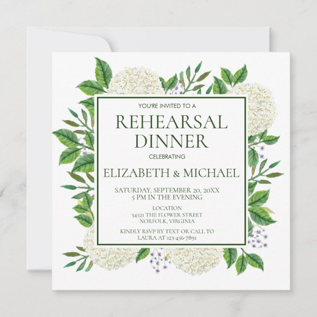 Simple White Hydrangeas Watercolor Rehearsal Invit Invitation (Front)