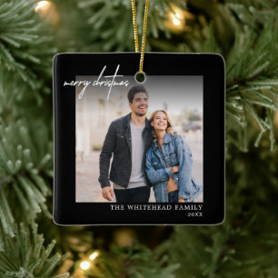 Simple White Merry Christmas Photo Black Ceramic Ornament