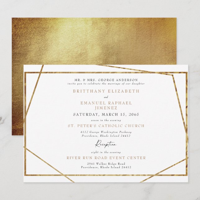 Simple White & Metallic Gold Geometric Invitation (Front/Back)