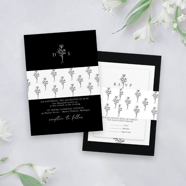 Simple White Minimalist Floral Pattern Wedding Invitation Belly Band (Creator Uploaded)