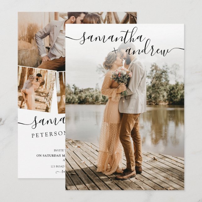Simple white minimalist font 5 photos wedding invitation (Front/Back)