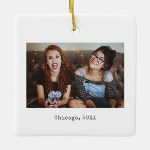 Simple White Minimalist Photo Keepsake Christmas Ceramic Ornament