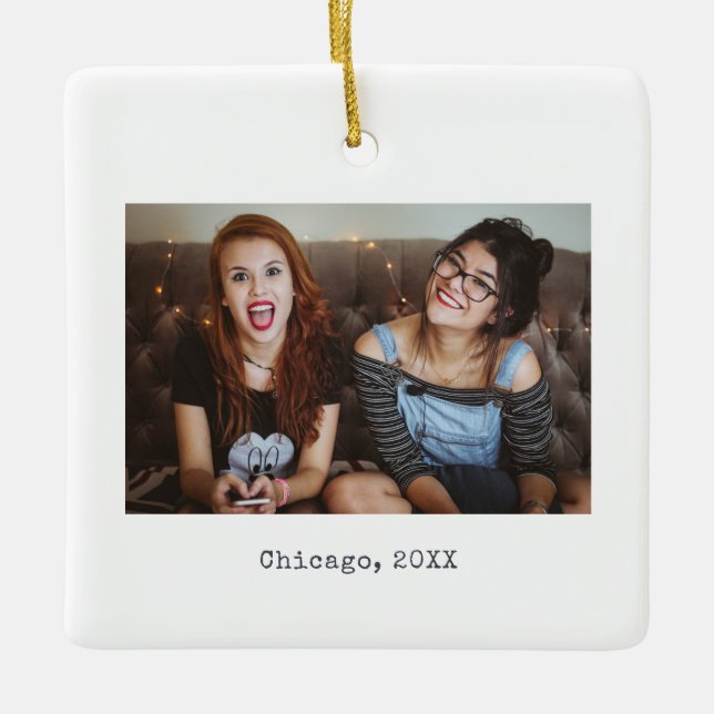 Simple White Minimalist Photo Keepsake Christmas Ceramic Ornament (Front)