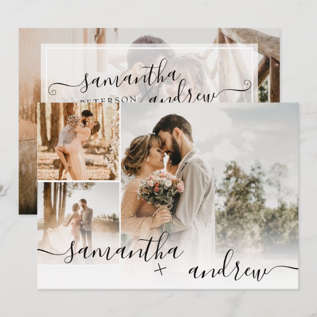 Simple white minimalist script 4 photos wedding invitation (Front/Back)