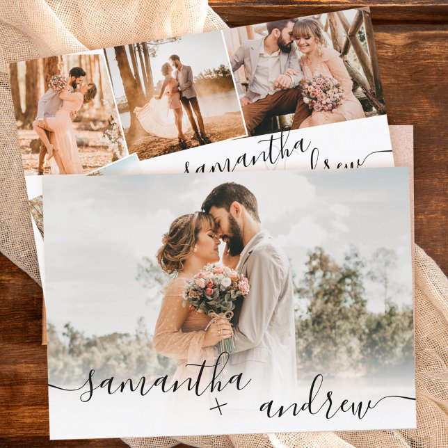 Simple white minimalist script 5 photos wedding invitation (Creator Uploaded)