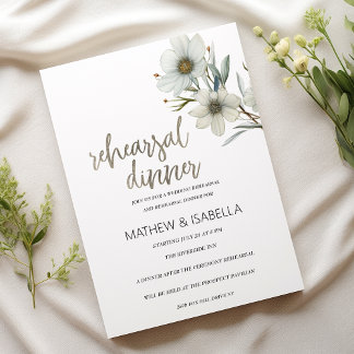 Simple white mint spring floral Rehearsal Dinner Invitation