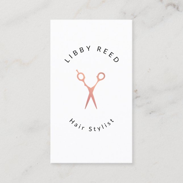 Simple White Modern Hair Stylist Gold Scissors Business Card (Front)