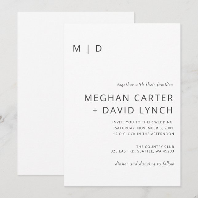 Simple White Modern Monogram Wedding Invitation (Front/Back)