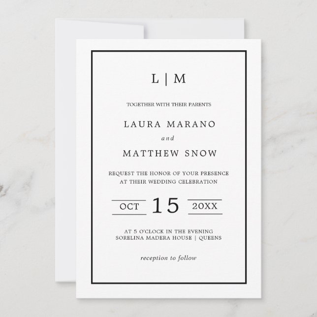 Simple White Monogram Modern Wedding Invitation (Front)