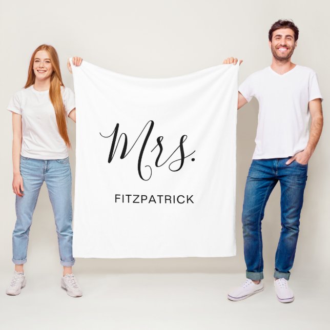 Simple White Mrs Last Name Wedding Bride Newlywed Fleece Blanket (In Situ)