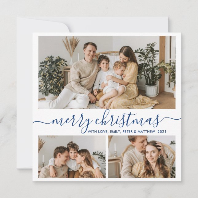 Simple White Navy 3 Photo Collage Christmas Holiday Card (Front)