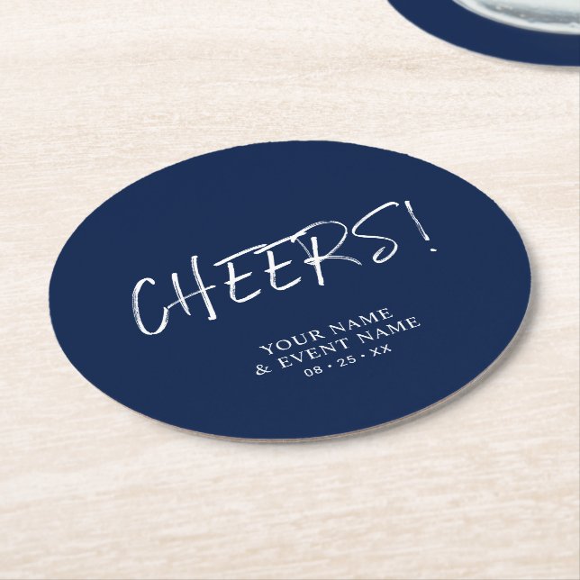 Simple White & Navy Cheers Adult Birthday Party Round Paper Coaster (Angled)