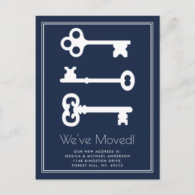 Simple White Navy Minimal Key Moving Announcement Postcard (Front)