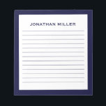 Simple White Navy Typographic Name Lined Notepad<br><div class="desc">A professional lined notepad with a minimalist design in a navy blue and white. Custom monogram initial and name on a simple white background,  framed by a navy border. Personalise using the fields provided or use the 'message' button to contact the designer for help.</div>