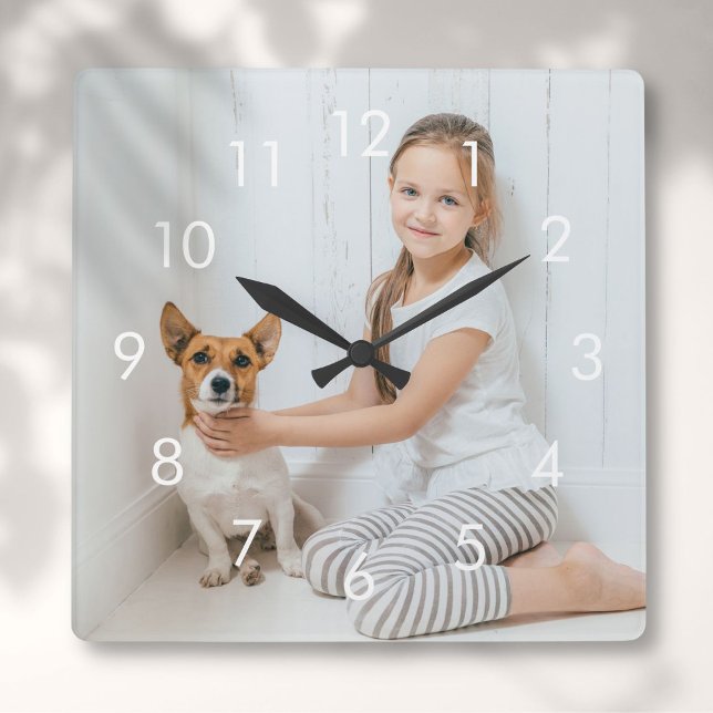 Simple White Numbers Personalized Photo Square Wall Clock (Simple White Numbers Personalized Photo Square Wall Clock)