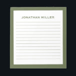 Simple White Olive Typographic Name Lined Notepad<br><div class="desc">A professional lined notepad with a minimalist design in an olive green and white colour palette. Custom monogram initial and name on a simple white background,  framed by an olive border. Personalise using the fields provided or use the 'message' button to contact the designer for help.</div>