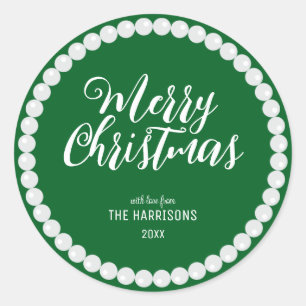 Simple White Pearl Green Christmas Classic Round Sticker