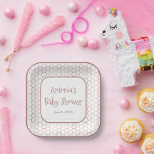 Simple White Pink Beehive Baby Shower Paper Plate