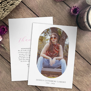Simple white pink heart funeral oval photo wake thank you card