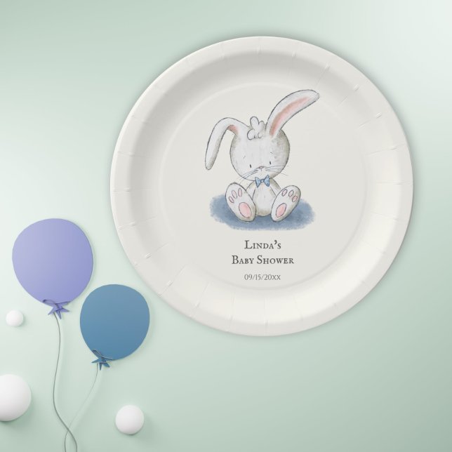 Simple White Rabbit Blue Tie Baby Shower Paper Plate (Creator Uploaded)
