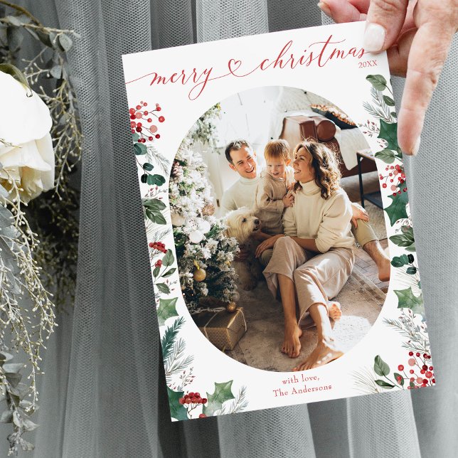 Simple White Red Calligraphy Photo Christmas Card  (Creator Uploaded)