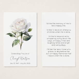 Simple White rose Funeral Memorial Prayer Card