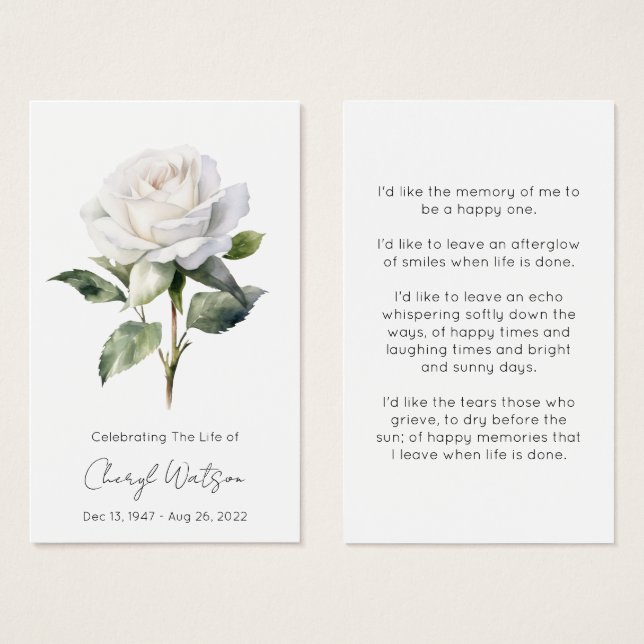 Simple White rose Funeral Memorial Prayer Card (Front & Back)