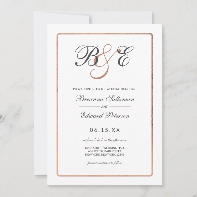 Simple White Rose Gold Border Monogram Wedding Invitation (Front)