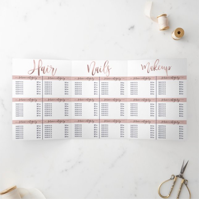 Simple White Rose Gold Logo Salon Spa Price List Tri-Fold Invitation (Inside)