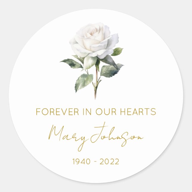 Simple White rose Memorial  Classic Round Sticker (Front)