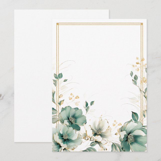 Simple white, sage and gold flowers Blank  Invitation (Front/Back)