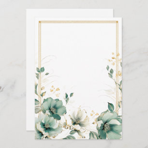 Simple white, sage and gold flowers Blank  Invitation