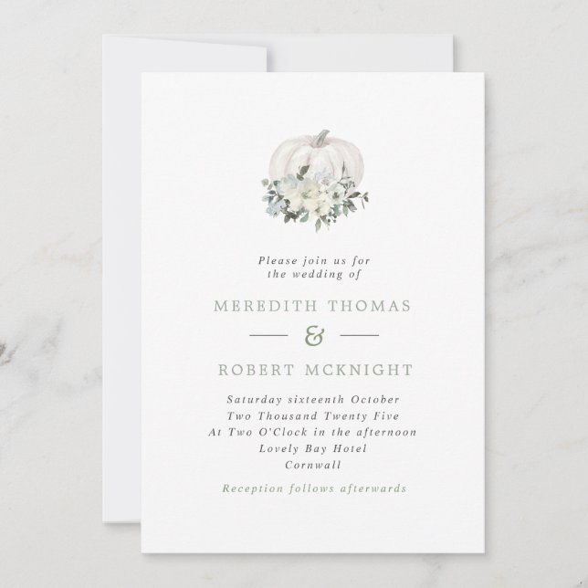 Simple White & Sage Pumpkin Floral Wedding Invitation (Front)