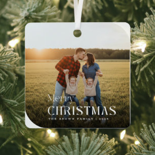 Simple White Script Christmas Family Name Photo Metal Tree Decoration