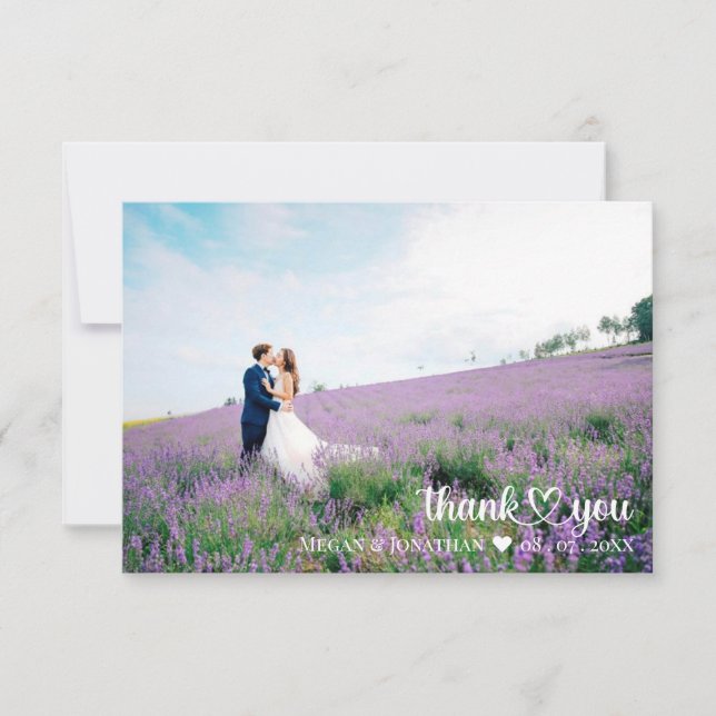 Simple White Script (Heart) Wedding Photo Thank You Card (Front)