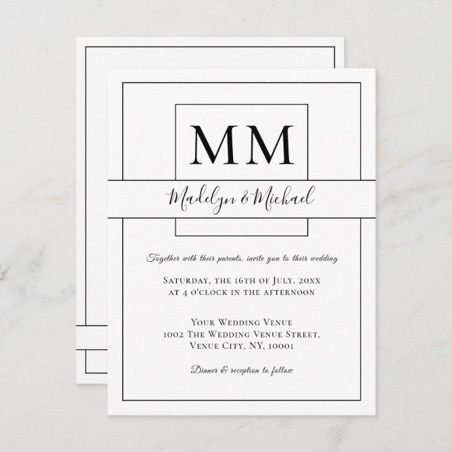 Simple White Script Monogram Wedding Invitation (Front/Back)