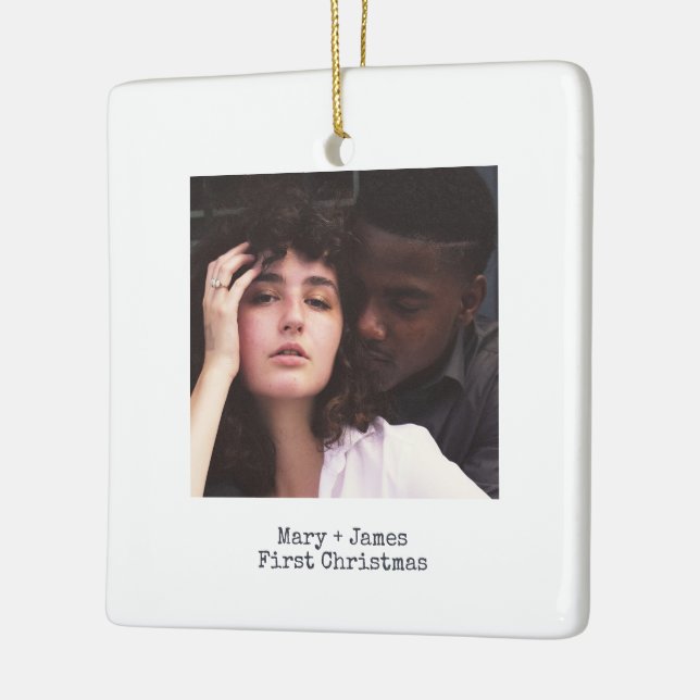 Simple White Squared Love Engaged Wedding Photo Ceramic Ornament (Left)